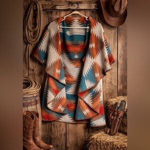 Southwestern Open-Front Shawl Collar Cape Coat - Multicolor